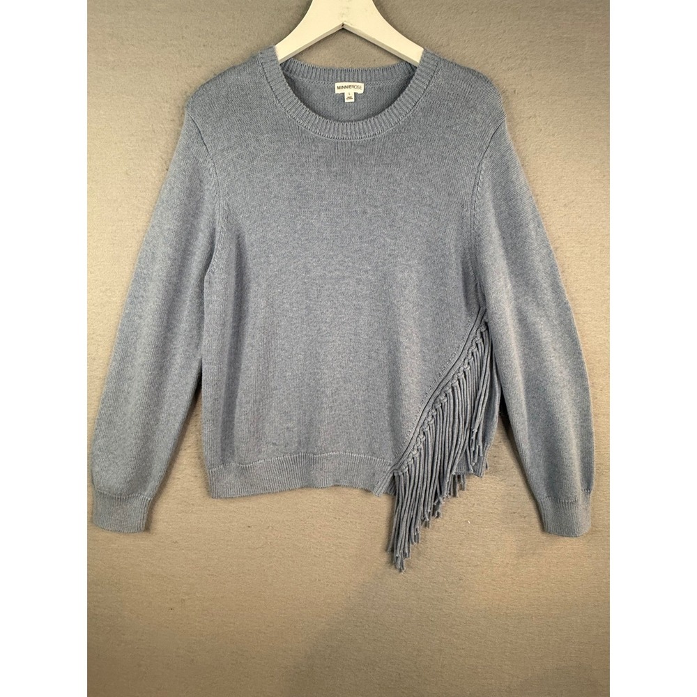 Minnie‎ Rose Sweater Women L Blue Cotton Cashmere Fringe Asymmetrical Crew Neck
